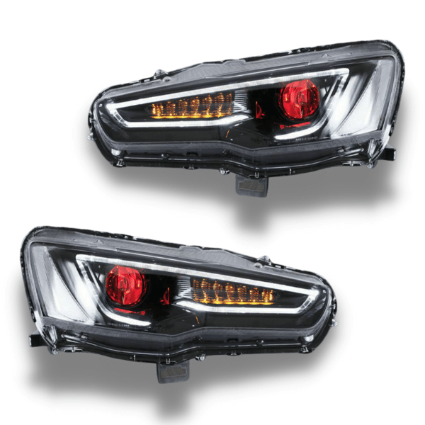 LED DRL Projector Head Lights with Sequential Indicators & 'Red Eyes' for Mitsubishi Lancer CJ / CF / EVO X 2008-2017-Auto Lighting Garage