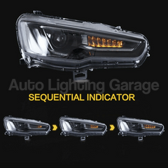 LED DRL Projector Head Lights with Sequential Indicators for Mitsubishi Lancer CJ / CF / EVO X 2008-2017-Auto Lighting Garage