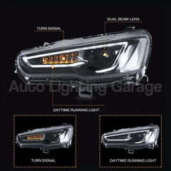 LED DRL Projector Head Lights with Sequential Indicators for Mitsubishi Lancer CJ / CF / EVO X 2008-2017-Auto Lighting Garage